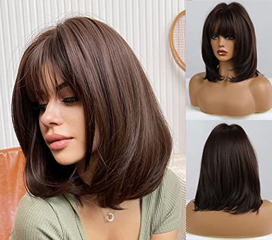 Under Curl Styled Dark Brown Bob Wig with Bangs Wig Store